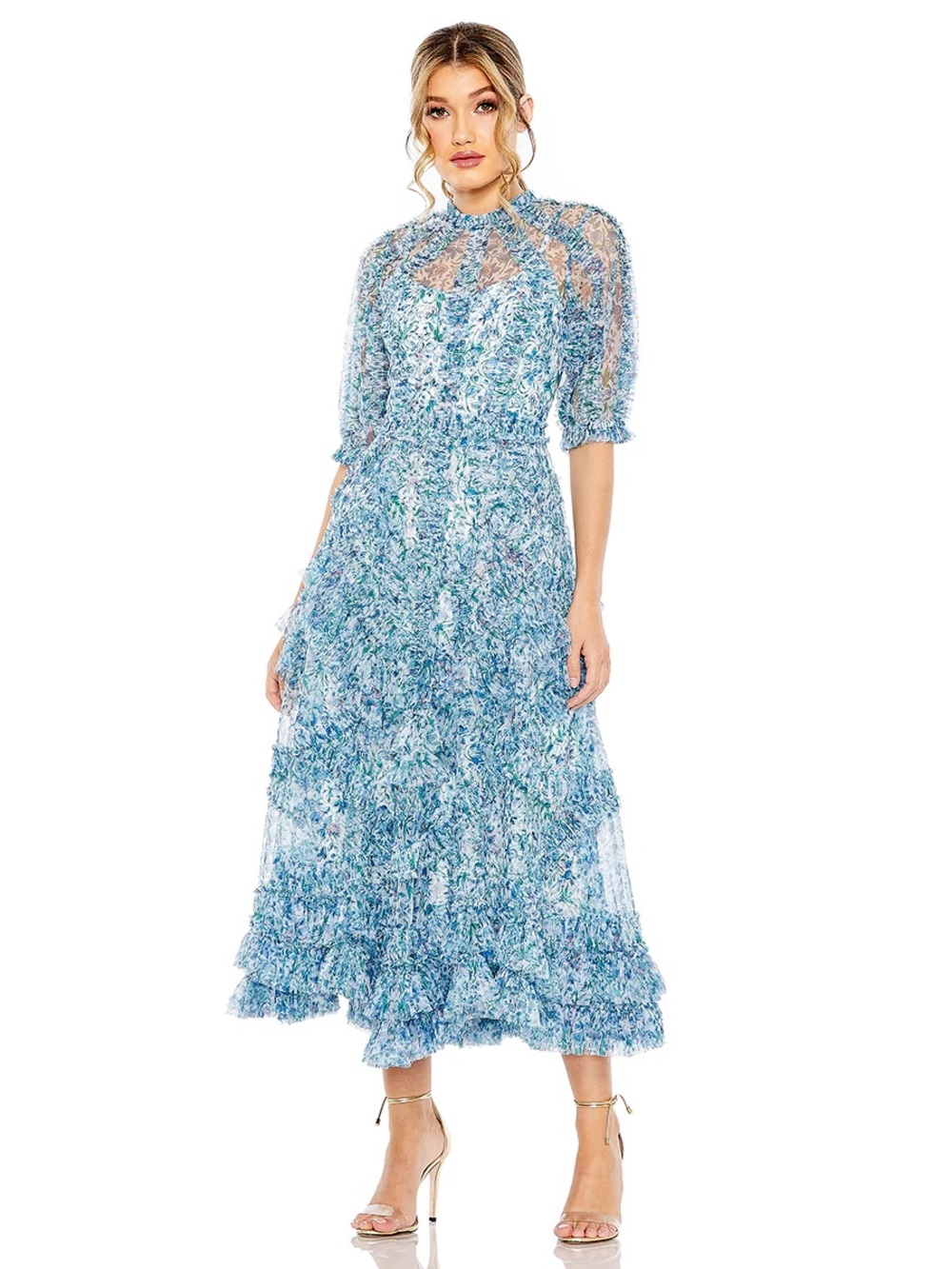 Mac Duggal || Mesh Short Sleeve Floral Print Dress Fit Flare Midi Blue 6